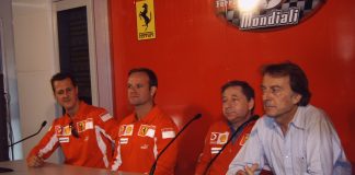 Larini: «Con Montezemolo a Fiorano tutti sull’attenti» Michael Schumacher, Rubens Barrichello, Jean Todt e Luca di Montezemolo in conferenza stampa al Mugello nel 2005