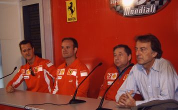Larini: «Con Montezemolo a Fiorano tutti sull’attenti» Michael Schumacher, Rubens Barrichello, Jean Todt e Luca di Montezemolo in conferenza stampa al Mugello nel 2005