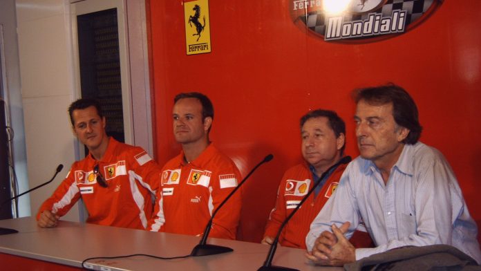 Michael Schumacher, Rubens Barrichello, Jean Todt e Luca di Montezemolo in conferenza stampa al Mugello nel 2005